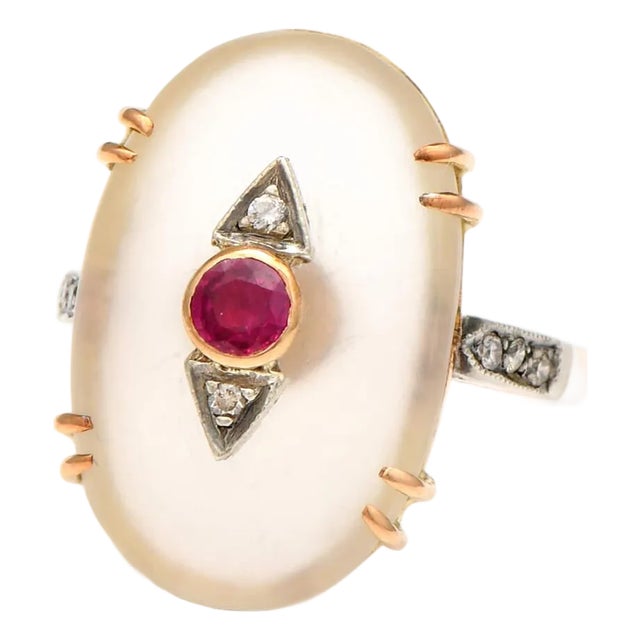 18KY Rock Crystal Ruby & Diamond Ring, size 7 For Sale