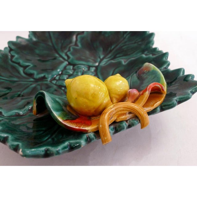 Forest Green Mid-Century Barbotine Fruit Bowl with Leaves and Lemons, 1960s For Sale - Image 8 of 12