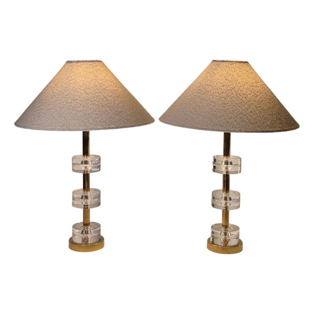 Scandinavian Modern Table Lamps with Orrefors Glass and Brass by Carl Fagerlund, 1960s, Set of 2 For Sale