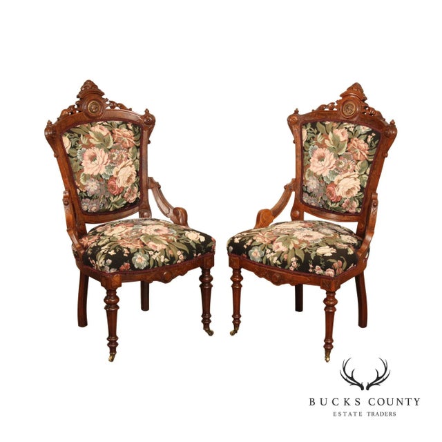 Antique Renaissance Revival Pair of Carved Walnut Armchairs For Sale - Image 13 of 13