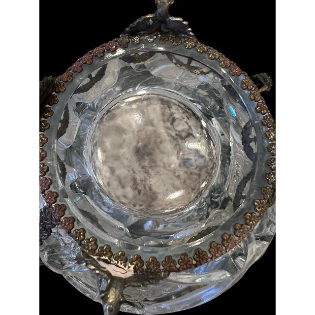 Metal Beautiful Antique Art Nouveau Clear Cut Glass Bowl Winged Angels Brass Footed C. 1915 For Sale - Image 7 of 12