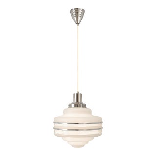 Vintage Art Deco Revival White Satin Glass Pendant Light With Brushed Chrome Hardware For Sale