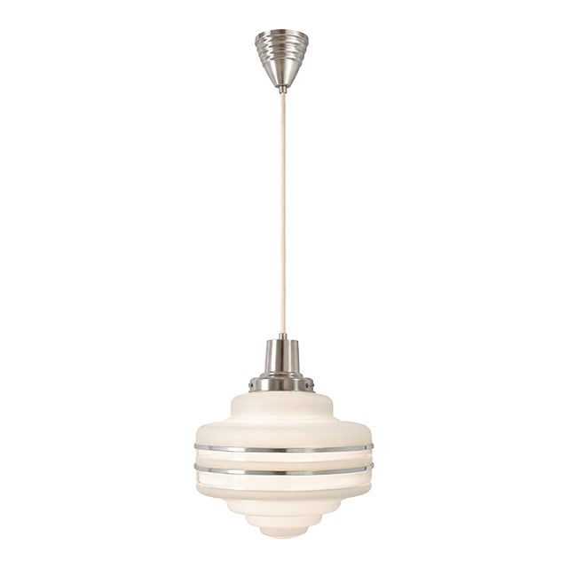 Vintage Art Deco Revival White Satin Glass Pendant Light With Brushed Chrome Hardware For Sale