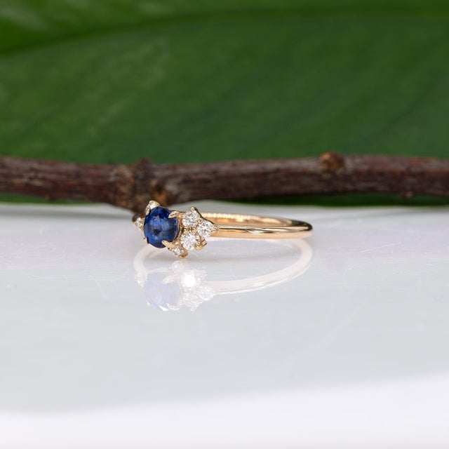 Metal Ceylon Blue Sapphire Ring With Earth-Mined Diamond Accents in Solid 14k Gold, Size 6.75 For Sale - Image 7 of 10