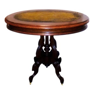 Early 19th Century Antique Victorian Carved Walnut Oval Parlor Table With Leather Top on Casters For Sale