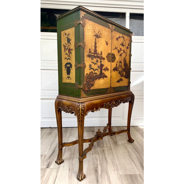 Mid-Century Chinoiserie Scenic Two-Door Cabinet With Ornate Brass Hardware For Sale - Image 14 of 18