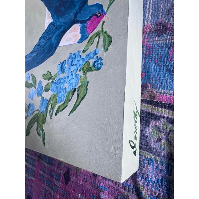 Contemporary “Love Letters in Flight: Floral Courier” by Dorothy Collier - Original Acrylic Painting on Board 12x16” Bird Flying With Flowers Wall Art For Sale - Image 4 of 7