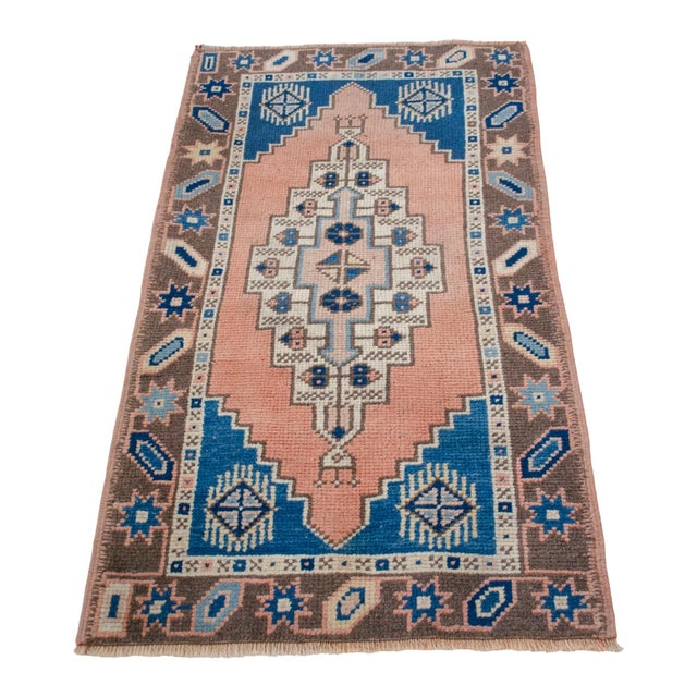 Front of Kitchen Sink Rug Hand Made Small Turkish Rug Bath Mat Faded Mini Rugs 2'2" X 3'10" For Sale - Image 4 of 14