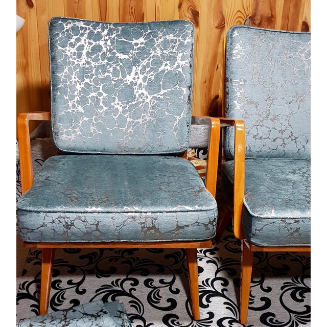 Wood Lounge Chairs in Cherry Wood & Blue-Silver Fabric from Knoll, Germany, 1950s, Set of 2 For Sale - Image 7 of 8