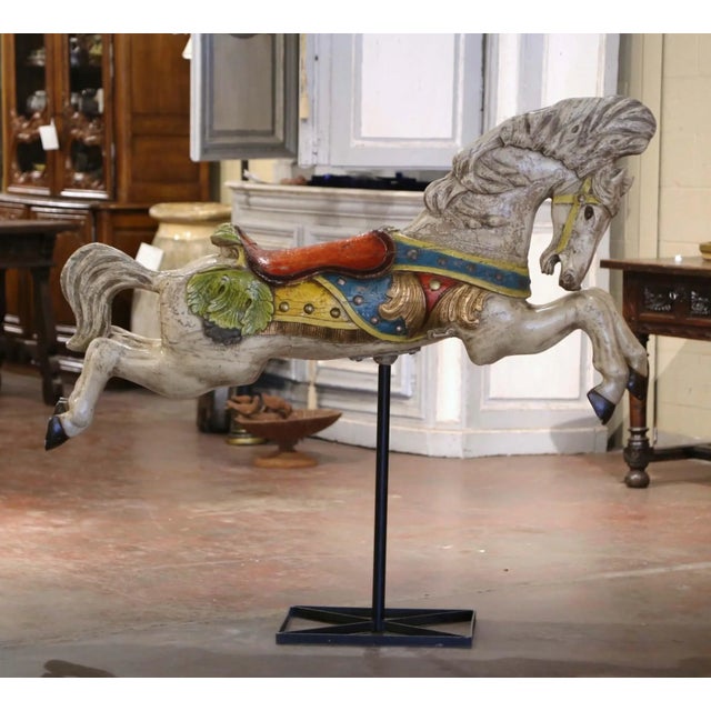 Mid-Century French Carved and Painted Carousel Horse on Metal Stand For Sale - Image 9 of 11