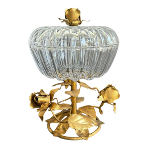 Vintage Italian Gilded Bowl With Lid Lidded Crystal Pedestal Candy Dish Gold Rose