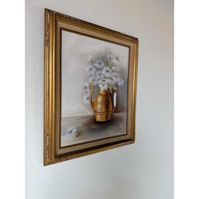 Mid-Century Modern 1981 Donna Kasten Still Life Daisies & Brass Pitcher Oil on Canvas Painting, Framed For Sale - Image 3 of 12
