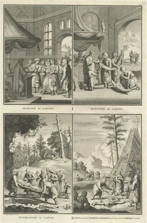 Picart, Illustration of Various Ceremonies, Finland: Marriage, Funeral, Baptism, 1726, Print