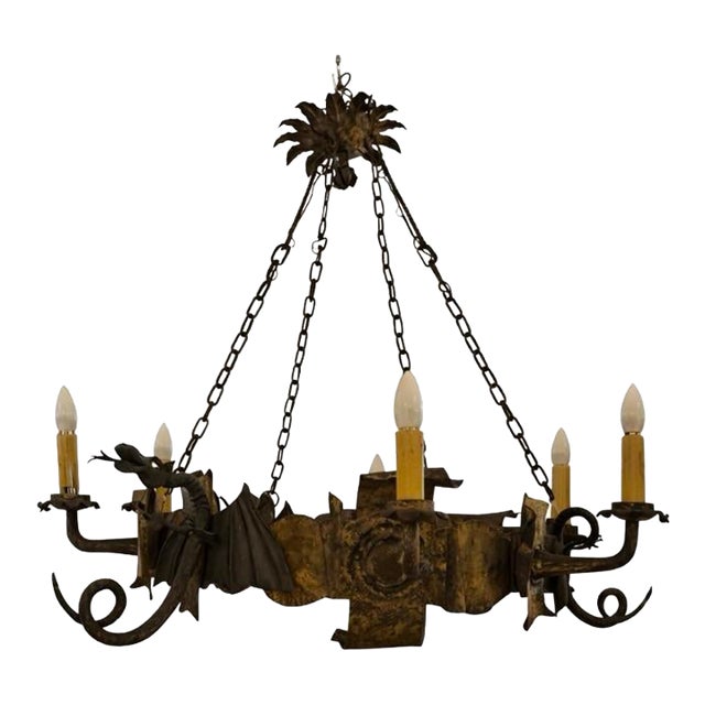 Vintage Gothic Revival Dragon Chandelier | Hand-Forged Iron Fantasy Lighting | 44” Diameter For Sale