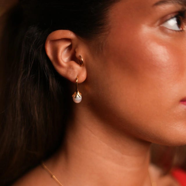Stunning Dainty Gold Vermeil & Pearl Design Statement Earrings, featuring 18k gold plated on sterling silver. With a...