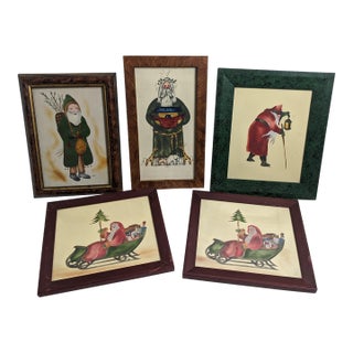 Vintage Theorem-Style Folk Art Santa Claus Christmas Wall Art – Set of 5 For Sale