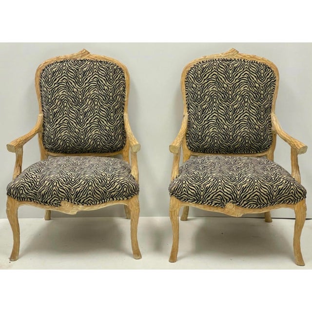 Italian Carved Faux Bois Cerused Bergère Chairs in Zebra Fabric - Pair For Sale In Atlanta - Image 6 of 7