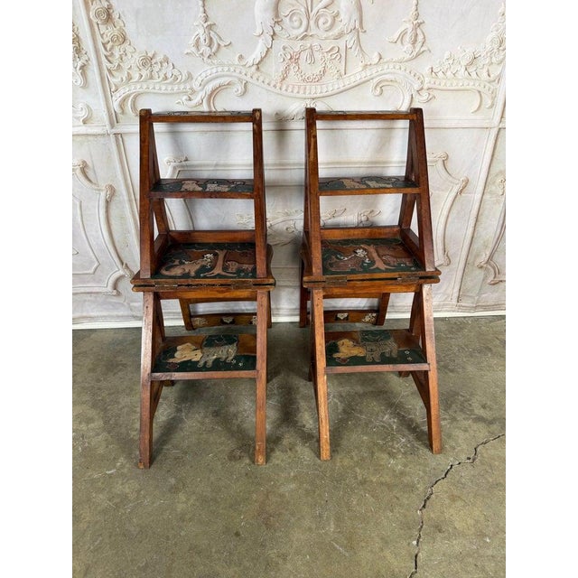 Pair of Hand-Painted Convertible Library Step Ladder Chairs With Dog Motif For Sale - Image 4 of 15