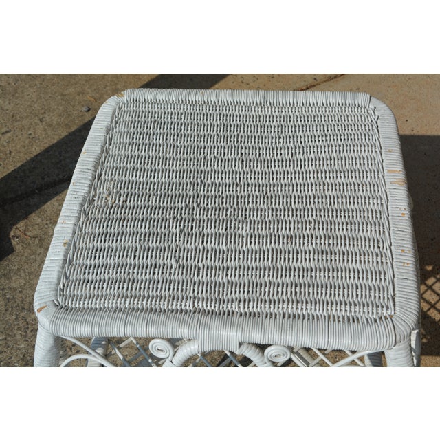 1970s Vintage Square White Wicker End / Side Table W/ Fiddlehead Scroll Work & Lower Shelf For Sale - Image 5 of 14