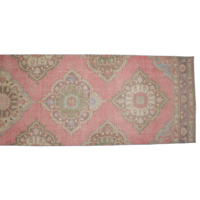 Rose 1960s Traditional Turkish Runner Rug Hand Knotted Distressed Low Pile Pink Hallway Decor For Sale - Image 8 of 10