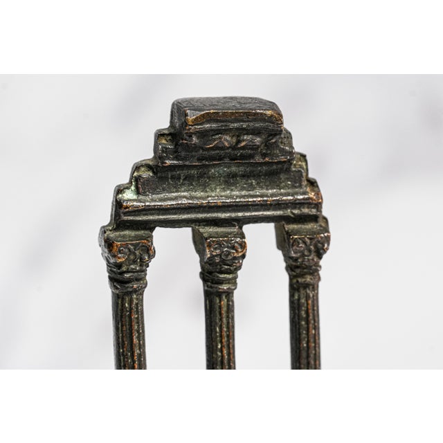 Lovely Pair Antique Small Miniature Bronze Roman Temple Models, Grand Tour Vespasian Castor Pollux Marble Base Neoclassical For Sale - Image 4 of 15