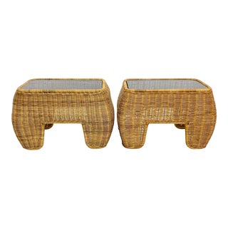 Mid-Century Modern Hand Made Sculptural Wicker Rattan Side Tables - a Pair For Sale