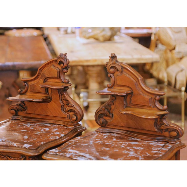 Early 20th Century Pair of Early 20th Century French Louis XV Walnut Nightstands With Marble Tops For Sale - Image 5 of 13