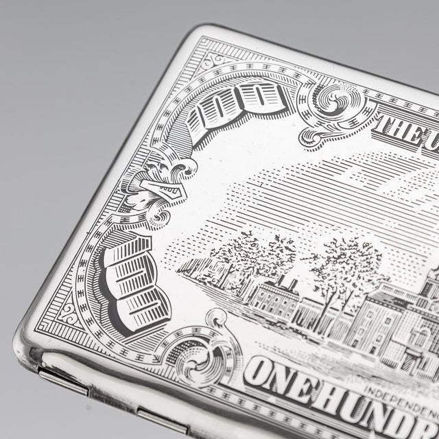 Black 20th Century American Silver-Plated Cigarette Case & Lighter Shaped as a Hundred Dollar Bill , Set of 2 For Sale - Image 8 of 18