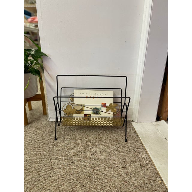 Metal Mid-Century Modern Black Wrought Iron and Brass Toned Magazine Rack With Leaf Motif. For Sale - Image 7 of 7
