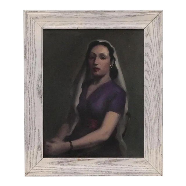 Mid 20th Century Oil on Canvas Portrait Painting of a Veiled Lady For Sale