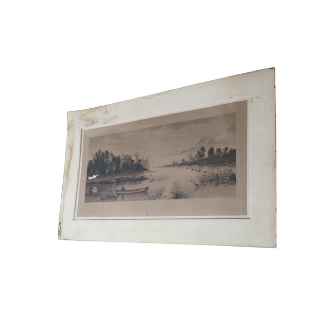 #48581 Antique black and white panoramic landscape / marsh etching featuring a man hunting ducks in his canoe at dusk....
