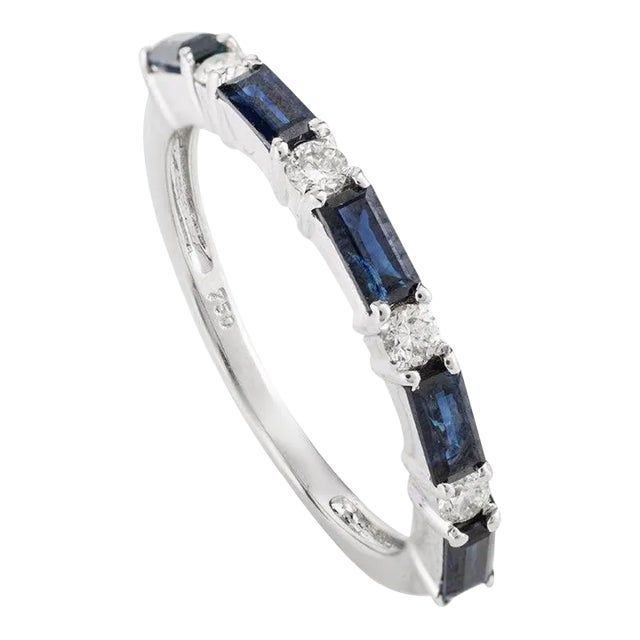 Blue Sapphire and Diamond Dainty Band Ring in 18k White Gold Ring Size 7.5 For Sale