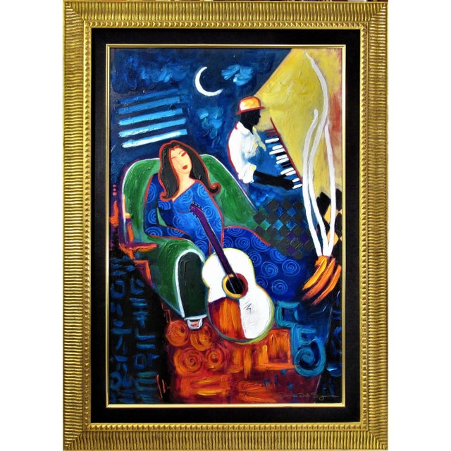 Blue Sonia Del Signore, Woman with Guitar and Pianist, Circa 1990 For Sale - Image 8 of 8