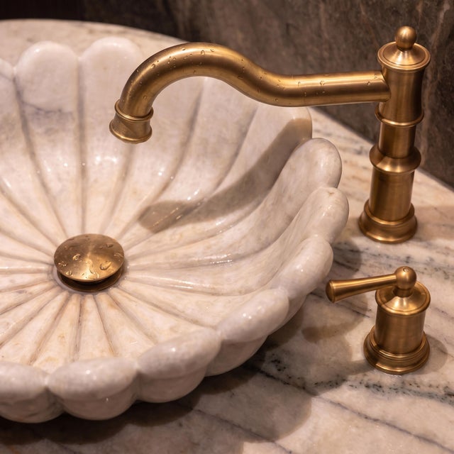 Stone Handmade Blossom White Marble Flower Vessel Sink | Luxury Natural Stone Vanity Bathroom Basin For Sale - Image 7 of 9