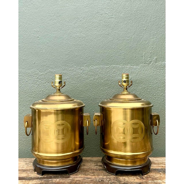 Vintage Brass Medallion Ring Lamps - A Pair For Sale - Image 10 of 12