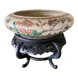 Antique Low Asian Vase on a Carved Wooden Base, Crackle Finish