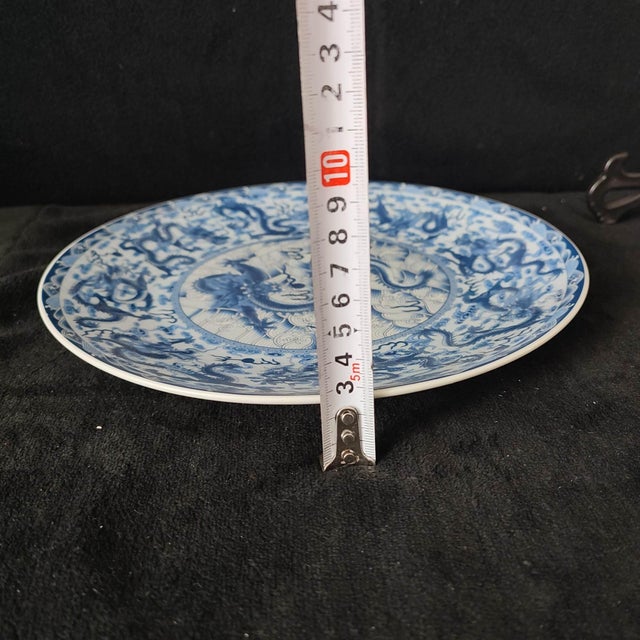 Chinese Ceramic Plate,Qianlong Marked Blue and White Porcelain Plate Hand Painted Dragon Pattern For Sale - Image 9 of 11