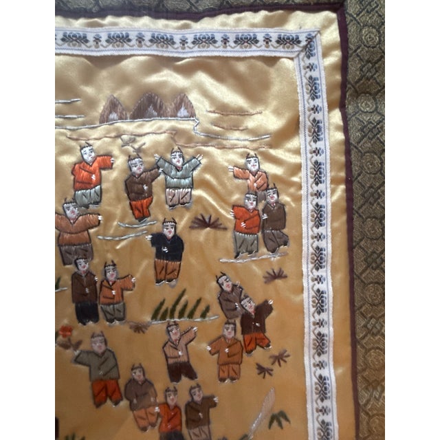 Gold Antique Framed Chinese Embroidered Silk Tapestry of 100 Children at Play For Sale - Image 8 of 10