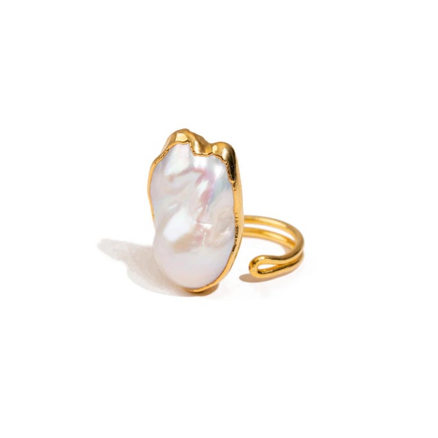 Metal Goddess Baroque Pearl Gold Statement Adjustable Ring, Size 8 For Sale - Image 7 of 8