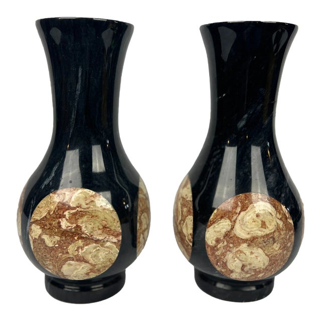 Pair, Vintage Black Onyx & Marble Inset Vases For Sale