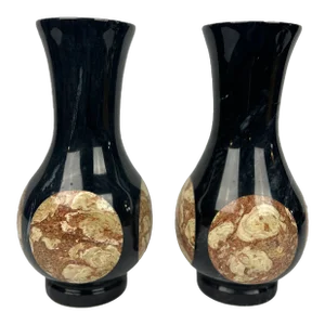 Pair, Vintage Black Onyx & Marble Inset Vases