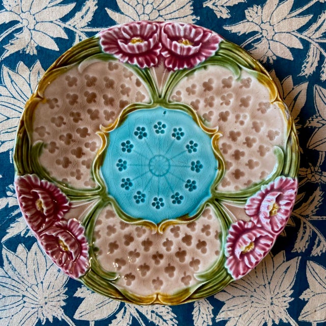 Rare French majolica dahlia plate, with vibrant colors.