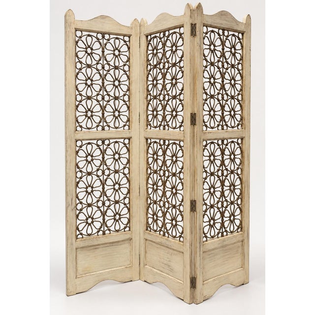 Mid 20th Century A Vintage Distressed White Three-Panel Asian Folding Screen With Floral Metal Inserts. For Sale - Image 5 of 5