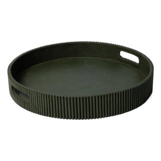 Round Fluted Green Leather Tray, 18" For Sale