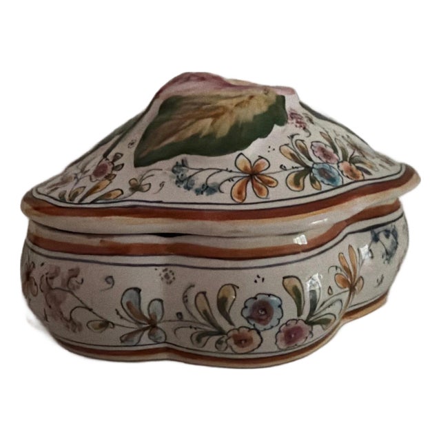 Vintage Ceramics Ancos Hand Painted Ceramic 2 Piece Covered Dish Portugal For Sale