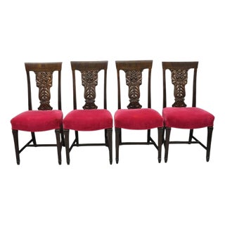 Antique Edwardian Floral Carved Mahogany Red Mohair Dining Chairs - Set of 4 For Sale