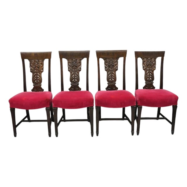 Antique Edwardian Floral Carved Mahogany Red Mohair Dining Chairs - Set of 4 For Sale