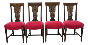 Antique Edwardian Floral Carved Mahogany Red Mohair Dining Chairs - Set of 4