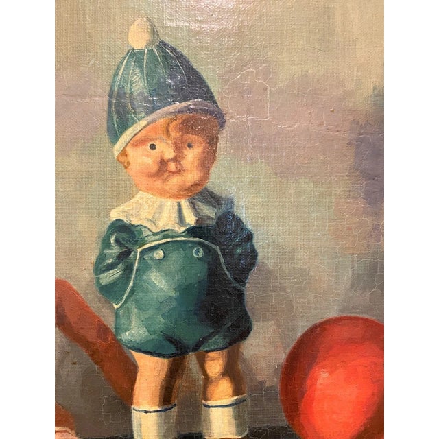 Figurative Antique Toy Still-Life Unsigned Framed Oil Painting For Sale - Image 3 of 6