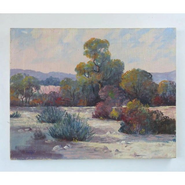 Vintage oil on canvas landscape painting. Unsigned. Unframed, overall craquelure in a striae pattern which follow the...